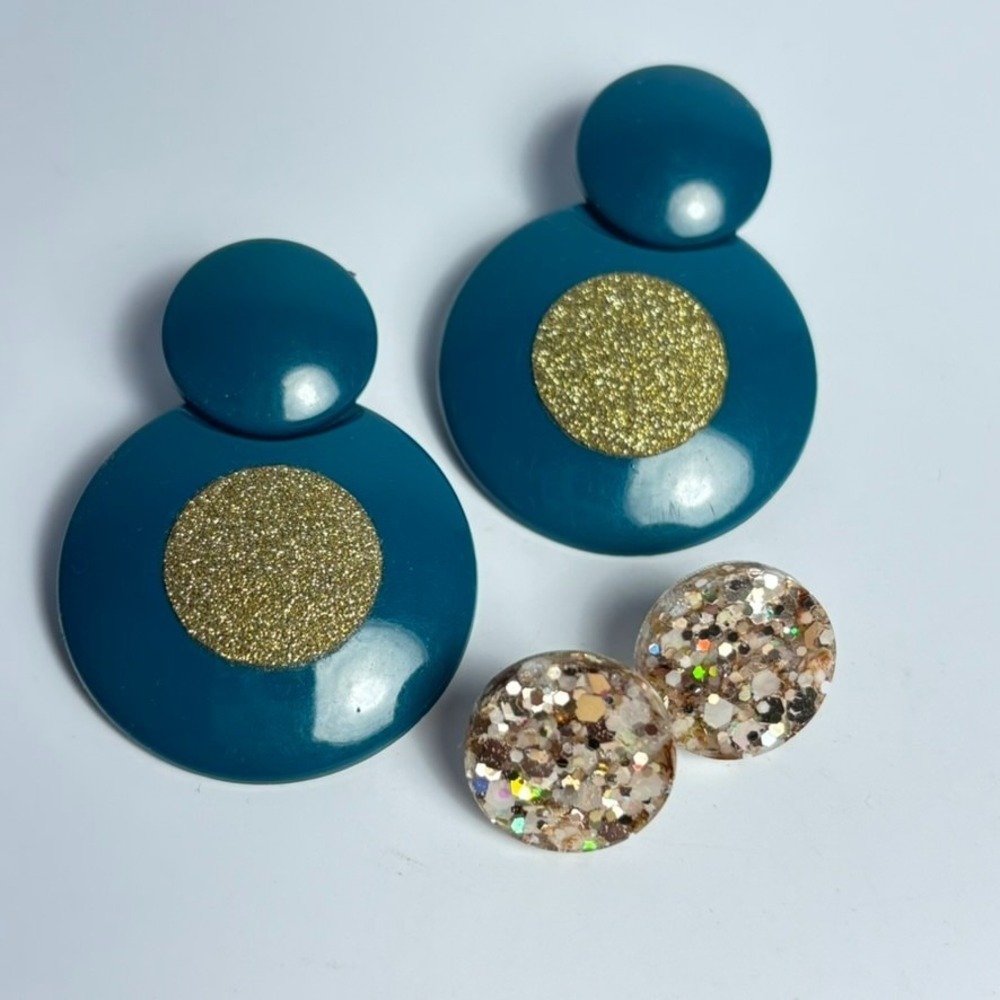 Earring Lot Vintage Blue Sparkly Doorknocker Costume Jewelry Acrylic Resin Party - Picture 3 of 8